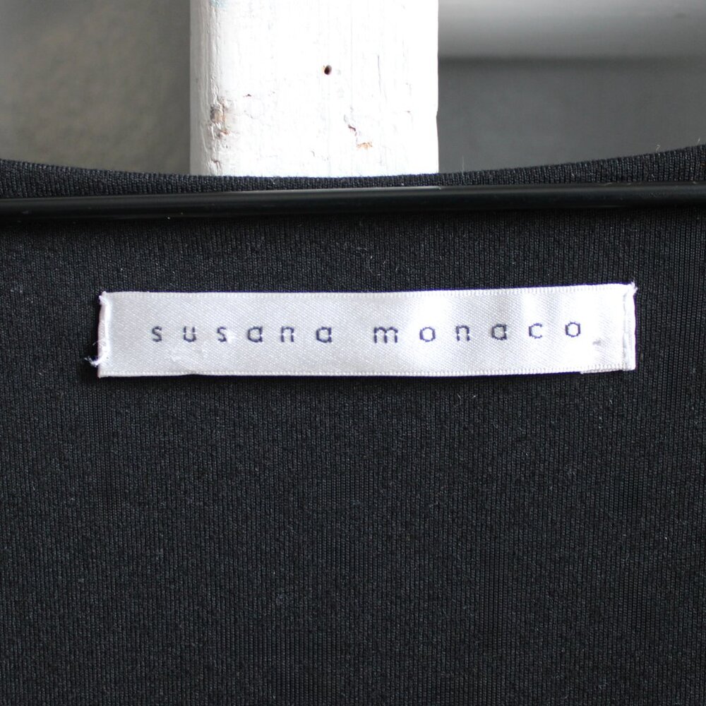 Susan Monaco Black Ruched Faux Wrap Crossover Short Sleeve Mini Dress sz Medium - Picture 4 of 6